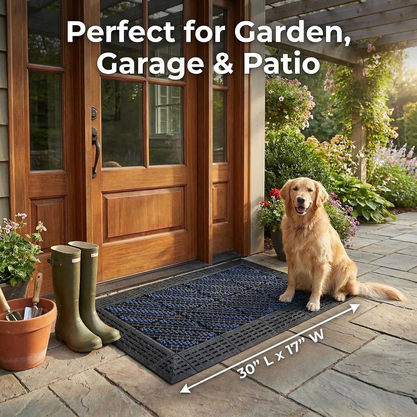 Heavy Duty Outdoor Boot Scraper Mat, 29.5" x 17.5" | Mud & Snow Doormat with Stiff Nylon Bristles, Modular Interlocking Shoe Cleaner for Garden 1.37" Thick