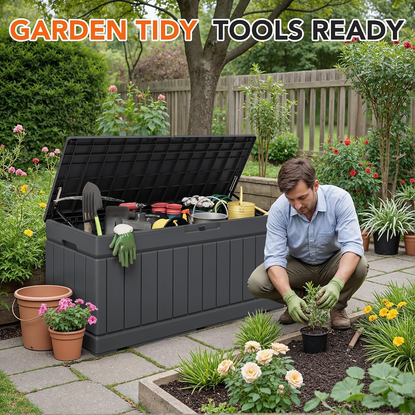 32 Gallon Deck Box Outdoor Indoor Waterproof Storage Box for Patio Furniture, Pool Accessories, Garden Tools, and Cushion Storage, Black