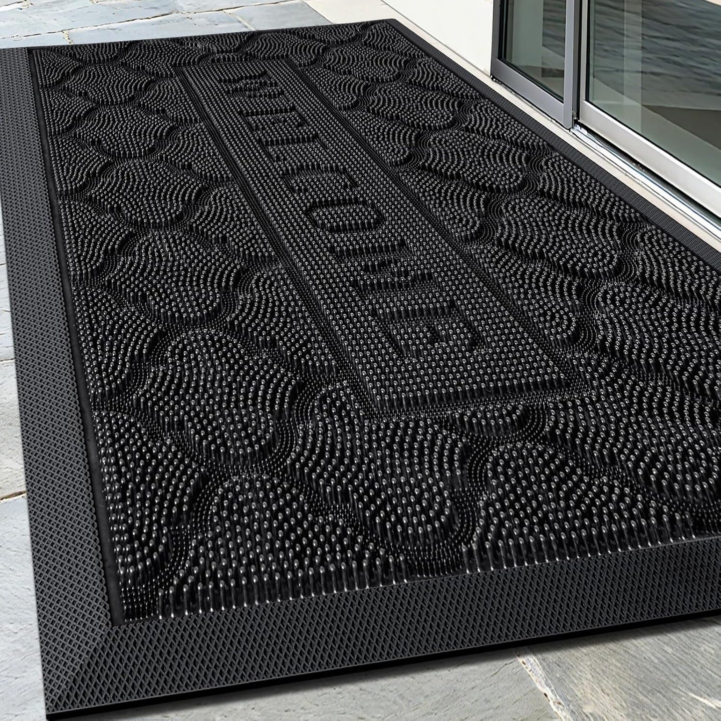 FRAMICS Front Door Mat Outside Entrance, Heavy Duty Rubber Door Mats Outdoor Welcome Mat Waterproof Doormat Non Slip for Entryway Doormats Dirt Trapper Indoor Mats All Seasons, 17 x 30 Inches, Black