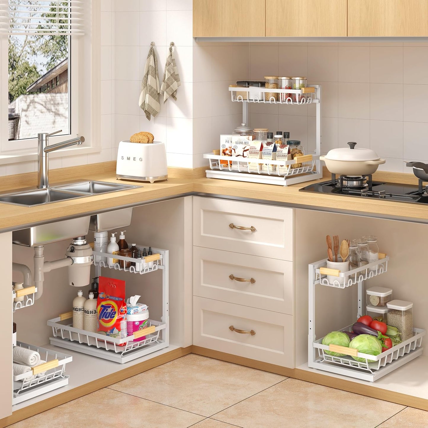 Sevenblue 2-Pack 2-Tier Height Adjustable Under Sink Organizer & Storage | Multi-purpose storage for kitchen & bathroom cabinet. Large black shelf, height adjustable design for space-saving.