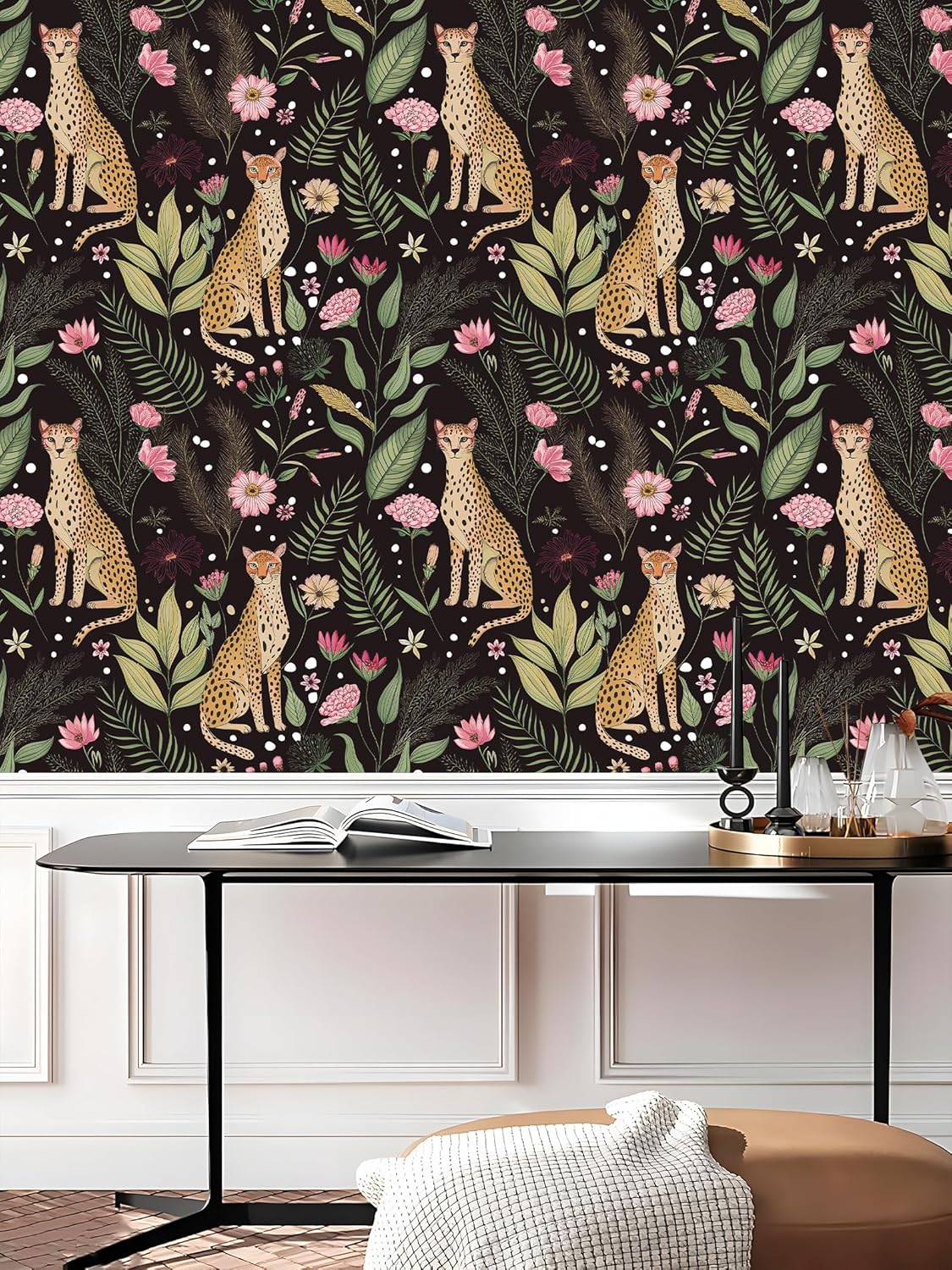Floralplus Peel and Stick Wallpaper Leopard Jungle Removable Wallpaper for Bathroom Renter Friendly Wallpapers Self Adhesive Animal Floral Contact Paper for Accent Wall 17.5 x 118 in