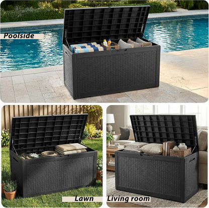 125Gal Outdoor Storage Box, Lockable Deck Box with Hydraulic Lid | Waterproof UV-resistant, Durable outdoor bin for patio cushions, pool accessories & garden tools. Keeps contents secure & dry