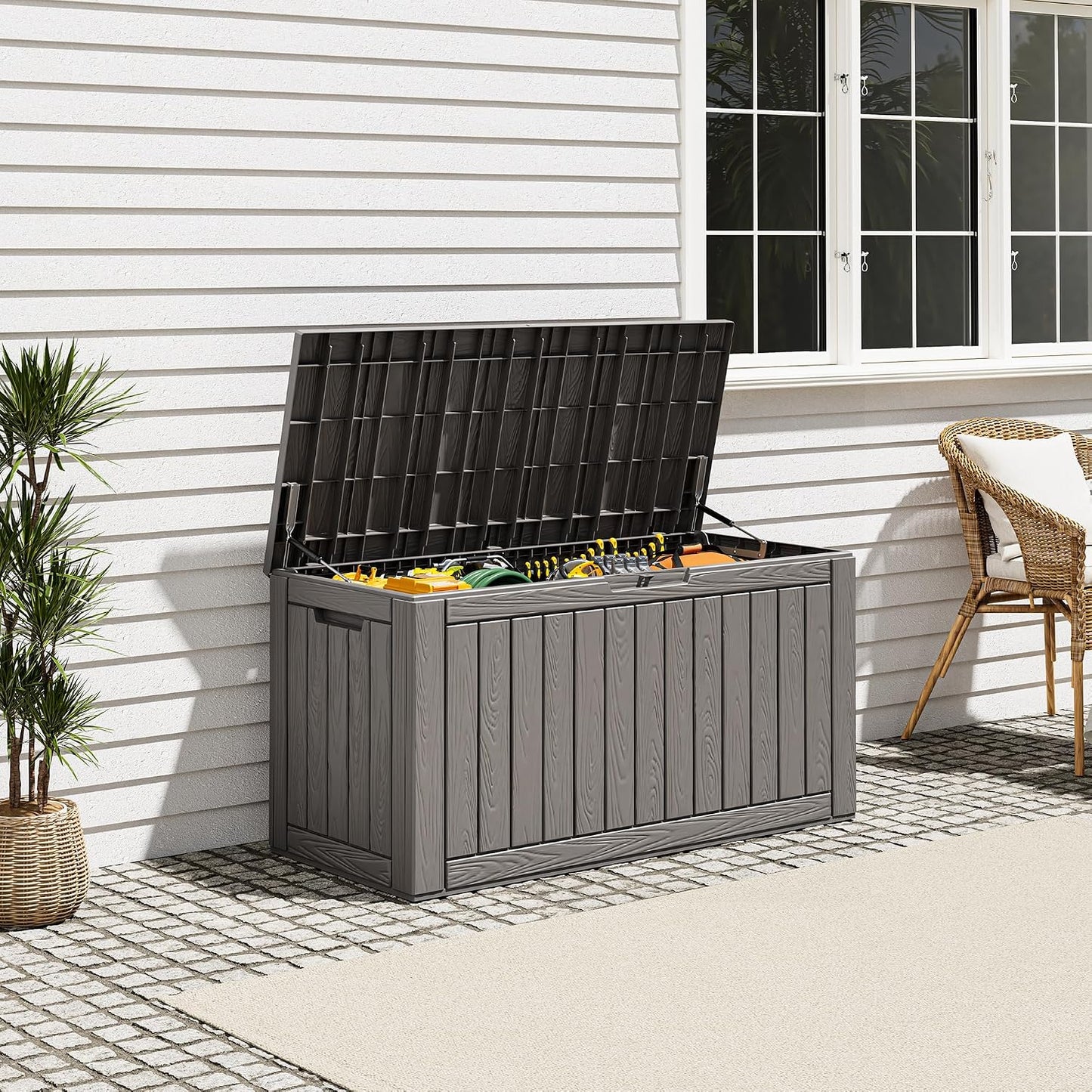 Outdoor Deck Storage Box,Resin Deck Boxes Indoor and outdoor, Waterproof Storage Box Lockable Lid (Black,50 Gallon)