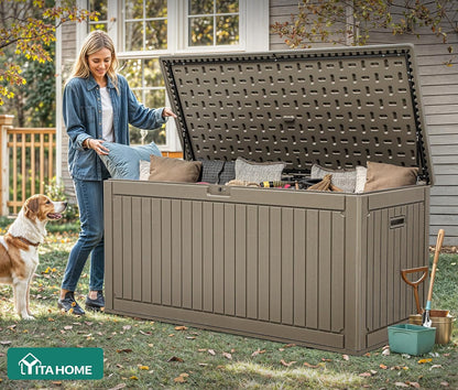 YITAHOME 100 Gallon Large Outdoor Deck Box | Waterproof Resin Storage Box, Lockable Indoor Outdoor Storage Container for Patio Furniture Cushions, Pool Accessories