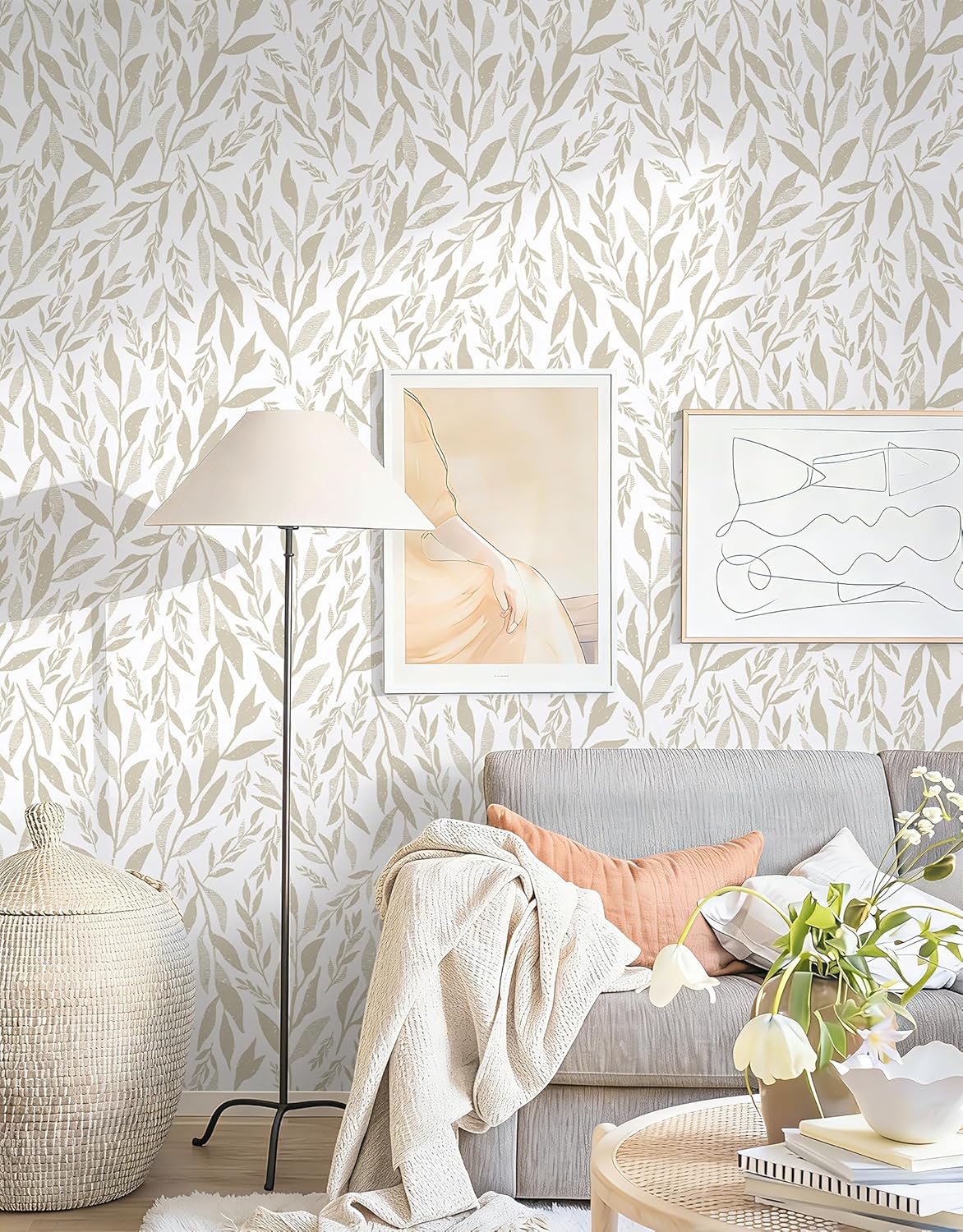 Safiyya Peel and Stick Wallpaper Boho Modern Beige Leaf Contact Paper Peel and Stick Wall Paper Self Adhesive Removable Wallpaper for Bedroom Bathroom Vinyl Roll 78.7"x17.3"