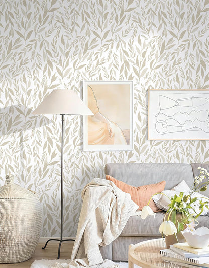 Safiyya Peel and Stick Wallpaper Boho Modern Beige Leaf Contact Paper Peel and Stick Wall Paper Self Adhesive Removable Wallpaper for Bedroom Bathroom Vinyl Roll 78.7"x17.3"