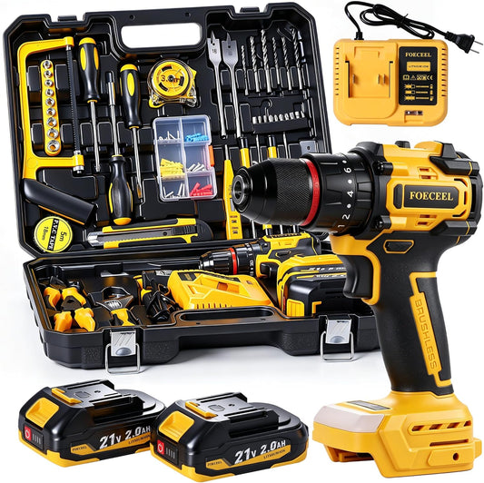 21V Brushless Cordless Drill Set, 35N.m Max Torque | 118Pcs Household Tool Kit, 2×21V 2.0Ah Batteries, Fast Charger, 2 Variable Speed, 20+3 Clutch Settings, Home Repair, DIY Gift