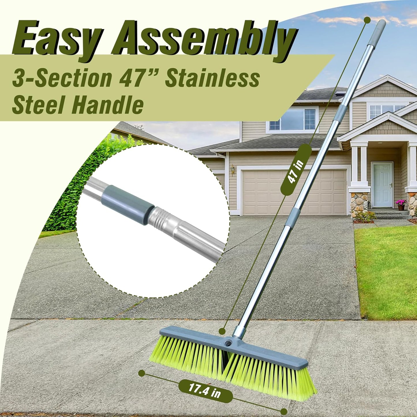 Upgraded 18" Push Broom with Adjustable Long Handle, Total Length is 55", Multi-Surface Floor Scrub Brush for Cleaning Deck, Patio, Garage, Driveway