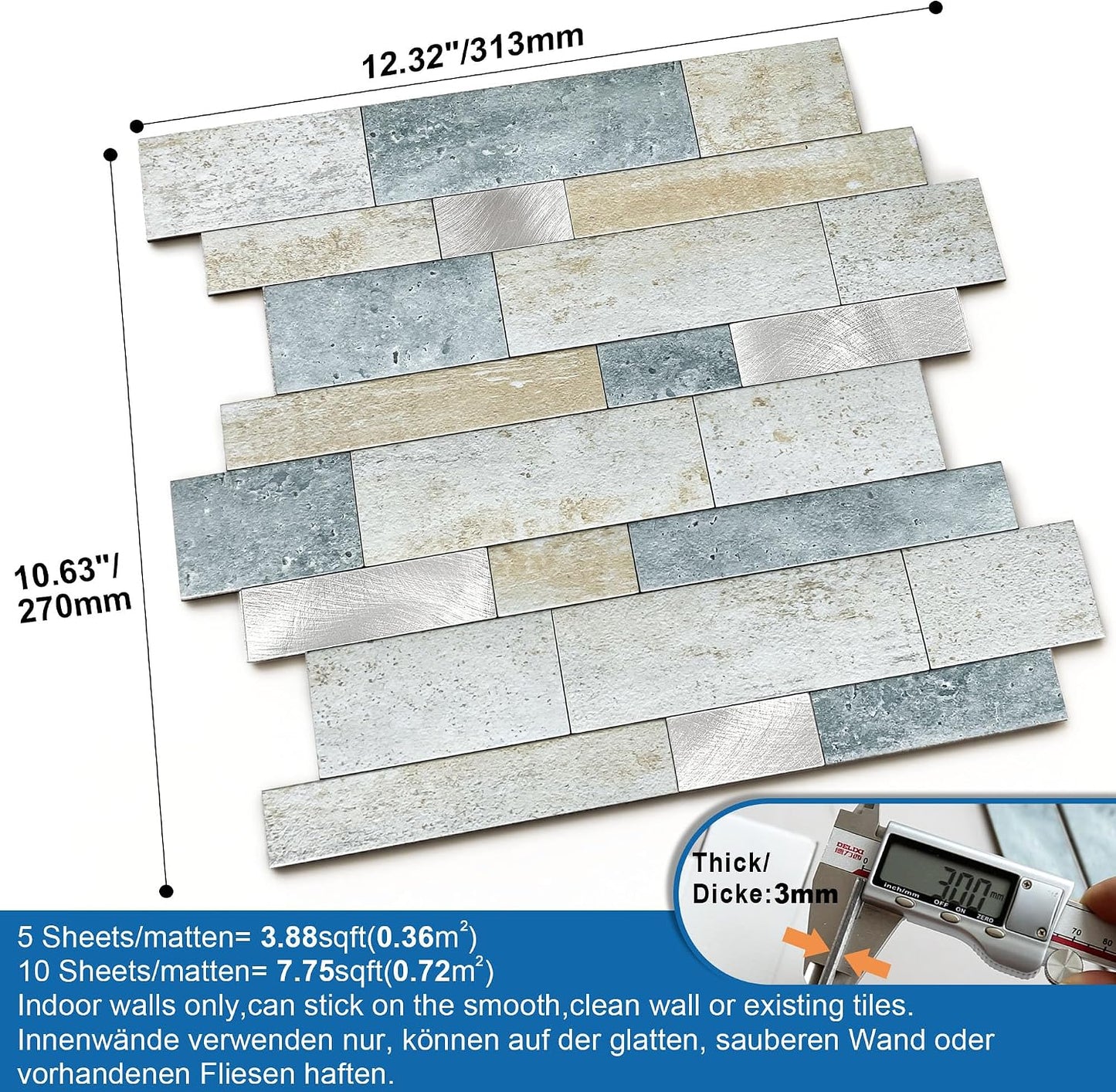MOFIT Backsplash Tile for Kitchen Peel and Stick Stone Matte Finish,Bathroom Tiles Stickers 3D Wall Panel Linear Mosaic Marble Backsplash Waterproof(10sheets,Blue Green Gray)