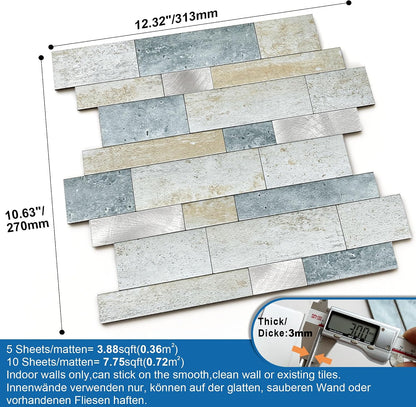 MOFIT Backsplash Tile for Kitchen Peel and Stick Stone Matte Finish,Bathroom Tiles Stickers 3D Wall Panel Linear Mosaic Marble Backsplash Waterproof(10sheets,Blue Green Gray)
