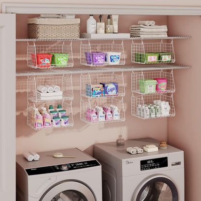4-Tier Hanging Laundry Room Organizer: Foldable Wire Shelf Basket with 2 Large Hooks 1.65" & 360°Rotating Hooks – Space-Saving Laundry Storage Basket, for Wardrobe Closet Storage, White Patent
