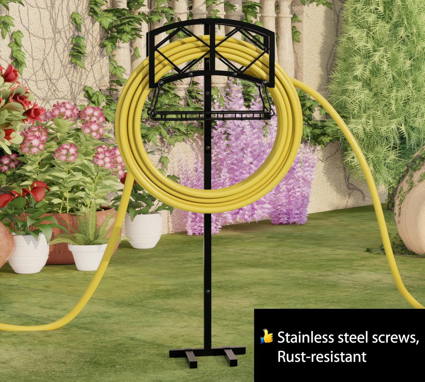 Fire Beauty Heavy-Duty Metal Hose Holder, Wall-Mounted Garden Hose Reel Organizer for Outdoor Yard, Solid Iron Decorative Hanger Storage