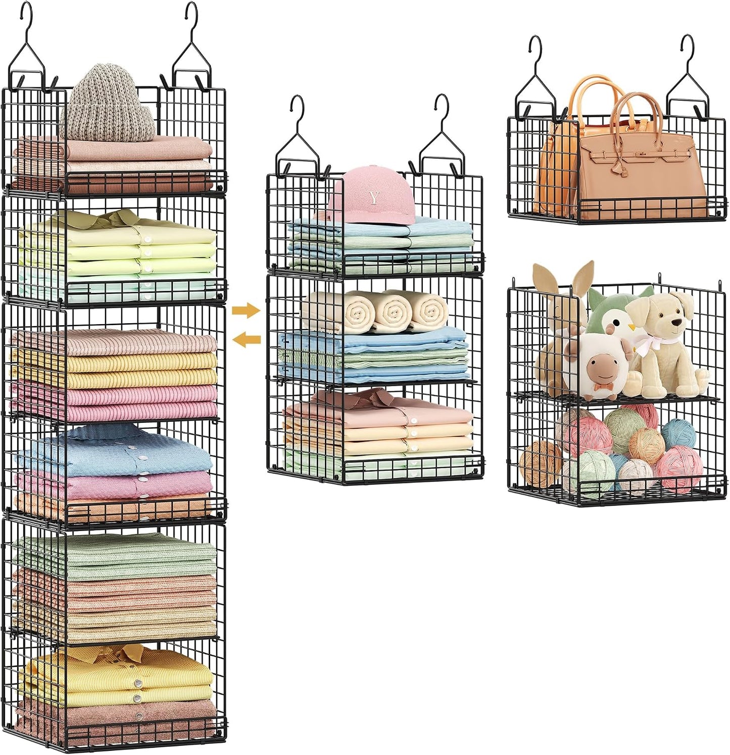 Yuyetuyo 5 Tier Closet Hanging Organizer and Storage Separable Hanging Closet Shelves with 4 Hooks 2 Adjustable Dividers, Wire Storage Basket Bins for Clothing Sweaters Socks Dolls Handbags, Foldable