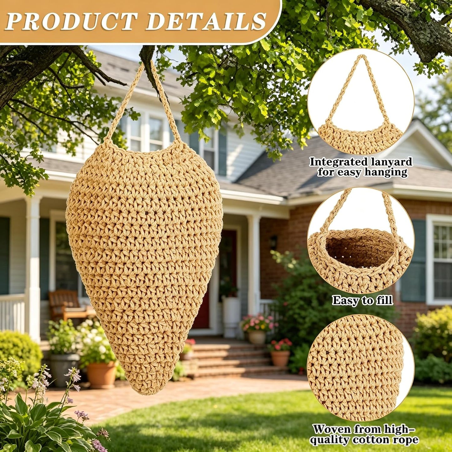 3 Pack Large Crochet Wasp Nest Decoy Handmade Fake Wasp Nest Decoy | Faux Wasp Nest Deterrent for Outdoor Hanging for Wasps Hornets, Hornets Nest Decoy for Patio and Eaves, Beige