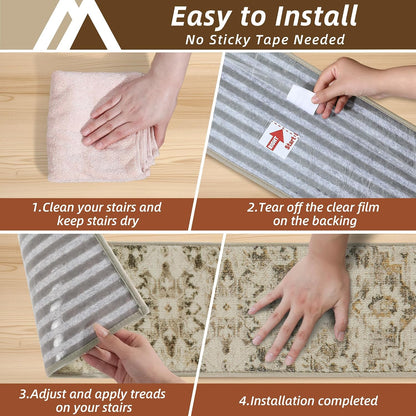 COSY HOMEER Stair Treads for Wooden Steps Non Slip Washable 8" X 30" 4pcs | Self Adhesive,Peel and Stick,Soft Carpet Stair Treads for Kids,Elder,Pet,Residue Free,Reusable Stair Runner,Multi-Surface Use