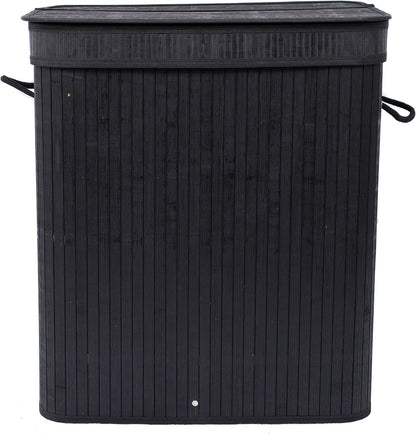 BIRDROCK HOME Double Laundry Hamper with Lid and Cloth Liner - Bamboo - Black - Easily Transport Laundry Basket - 2 Section Collapsible Hamper - String Handles