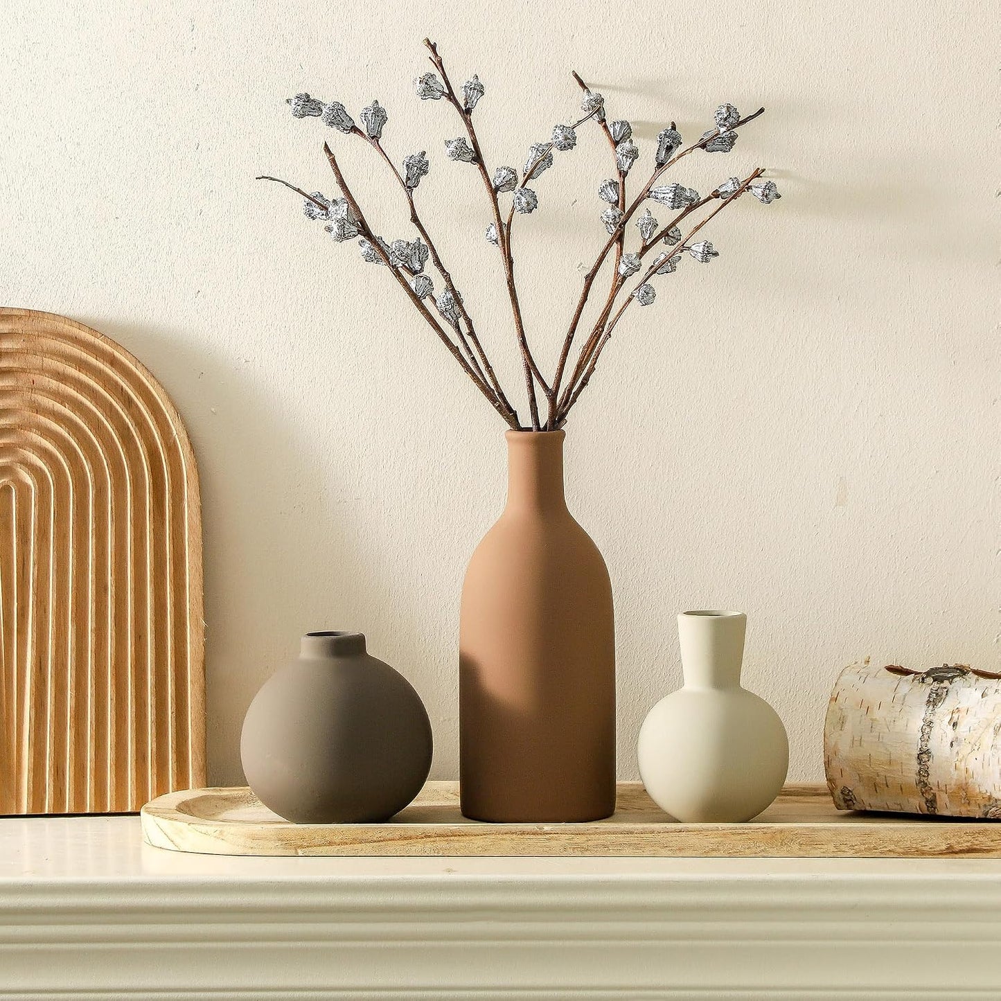 Ceramic Vase Set of 3, Decorative Vases Home Decor Modern Neutral Flower Pampass Boho Vase for Living Room, Table, Mantel, Entryway, Bookshelf, Kitchen, Bedroom, Bathroom - White