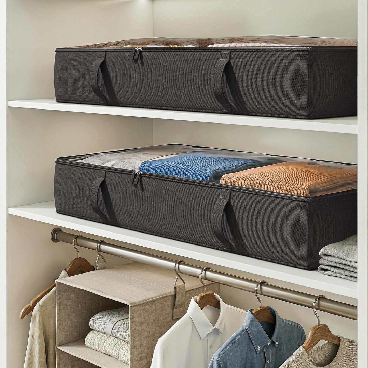 Vailando Side-Supported Under Bed Storage Containers, 6 Inches Tall 60L Underbed Storage Bins with Sturdy Handles and Sidewalls, Closet Organizer for Clothes, Blankets, Seasonal Items, Beige, 2-Pack