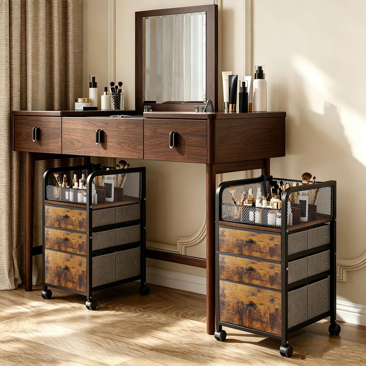 Rolling Makeup Organizer Cart with 3 Drawers, Under Desk Vanity Makeup Storage Cart, Bathroom Storage Cart Cosmetic Display Cases Cabinet for Nail Polish, Brushes & Hair Tools, Gold