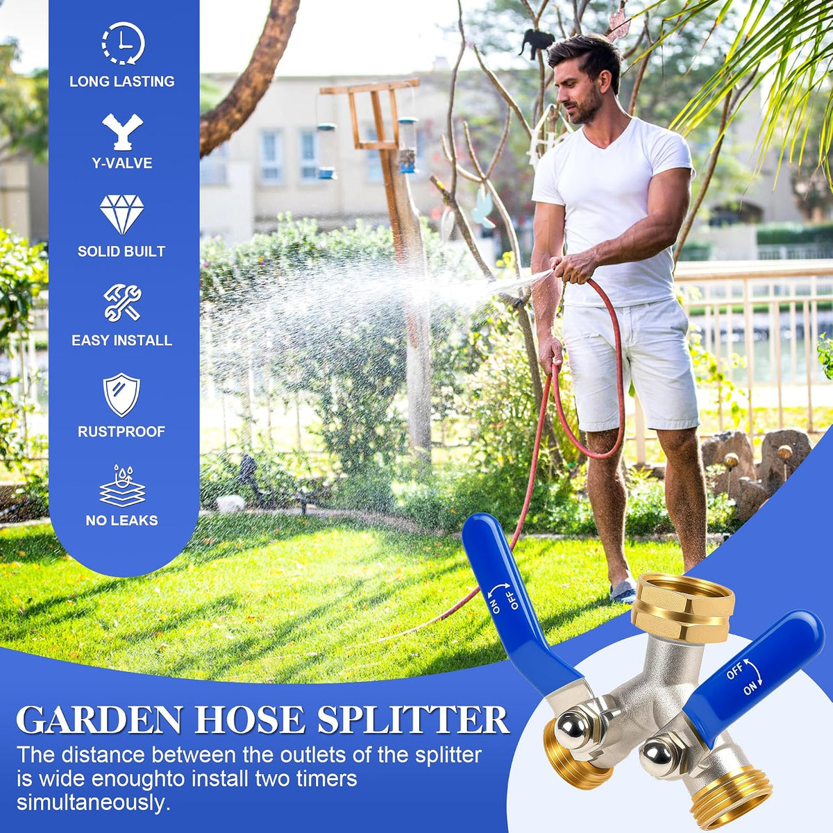 EJW Hose Splitter, 2 Way Hose Splitter, Garden Hose Splitters,Faucet Splitters, Outdoor Faucet Splitter, 2 Way Hose Connector,Brass Splitter, 3/4” GHT Threads.