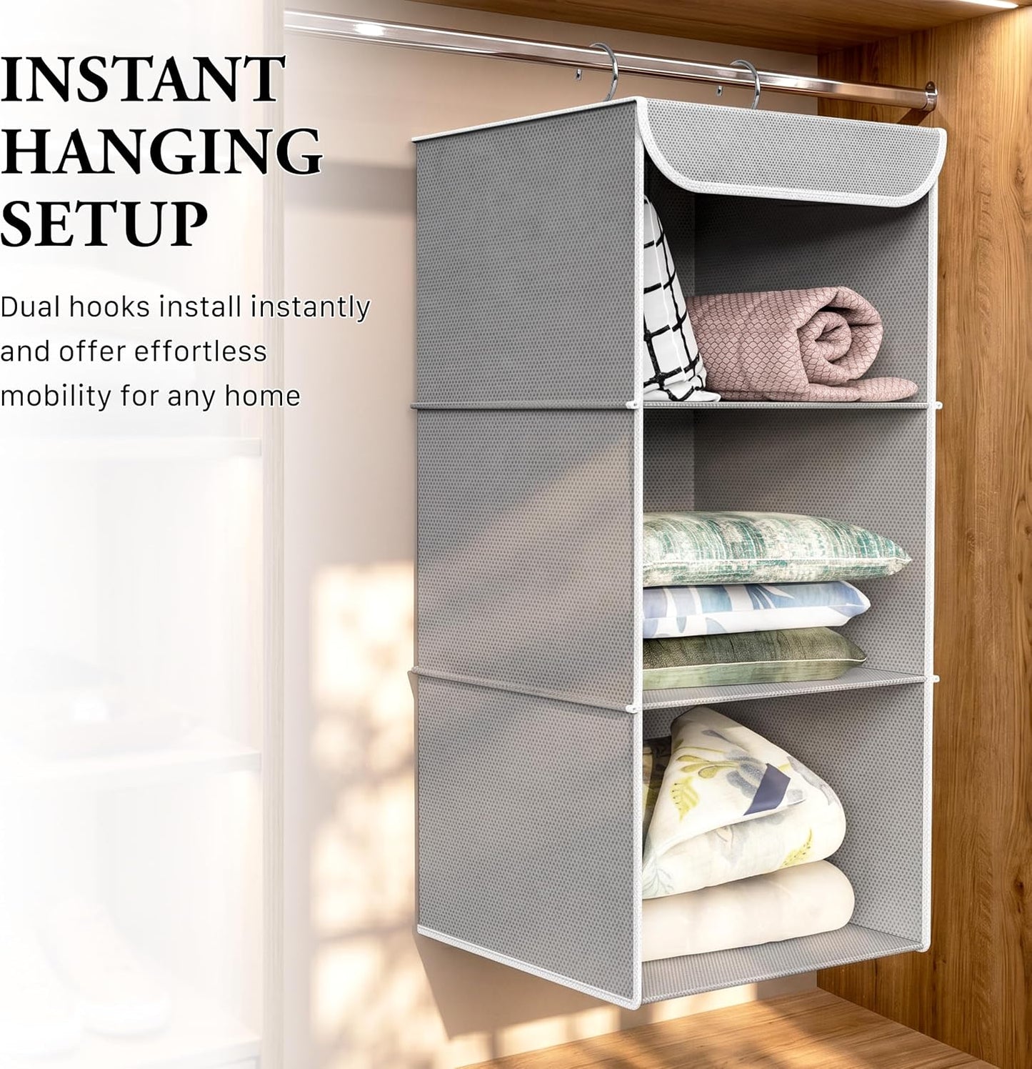 Simple Houseware 3-Shelf Hanging Closet Organizer, Fabric Storage Shelves with 57L Capacity, Black