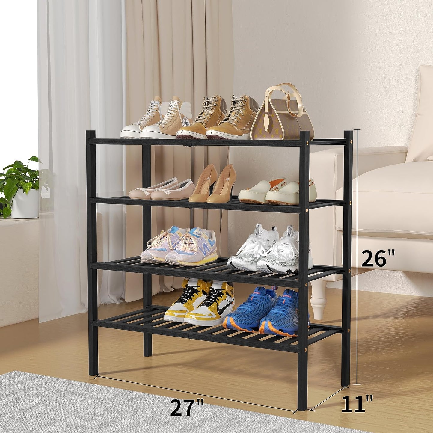 ROMGUAR CRAFT 3 Tier Bamboo Shoe Rack for Closet Free Standing Wood Shoe Shelf Storage Organizer for Entryway Small Space Stackable 27"x11"x20" (Natural)
