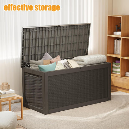 ROJIK 55Gal Outdoor Storage Box Waterproof Deck Box | Heavy-duty UV-resistant resin, space-saving for balcony/patio, stores cushions/tools/pool gear, lockable lid as table/bench