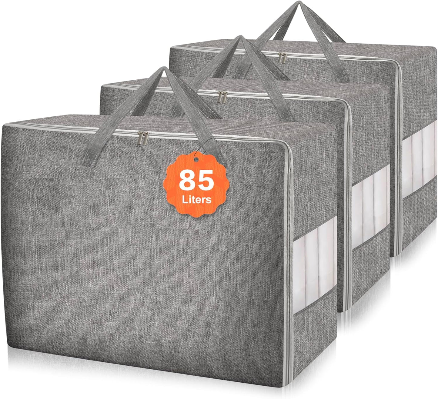 3 Pack 105L Comforter Storage Bags, Extra Large Bedding Storage Bags with Card and Clear Window, Reinforced Handles & Zippers, Foldable Closet Organizers for Blanket Pillow Clothes