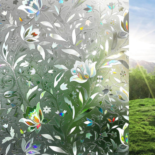 rabbitgoo Window Privacy Film, Decorative Stained Glass Window Film, Sun Blocking Glass Clings, Renter-Friendly Static Cling Frosted Sticker Covering for Home Door, Rainbow Tulip 17.5" X 78.7"