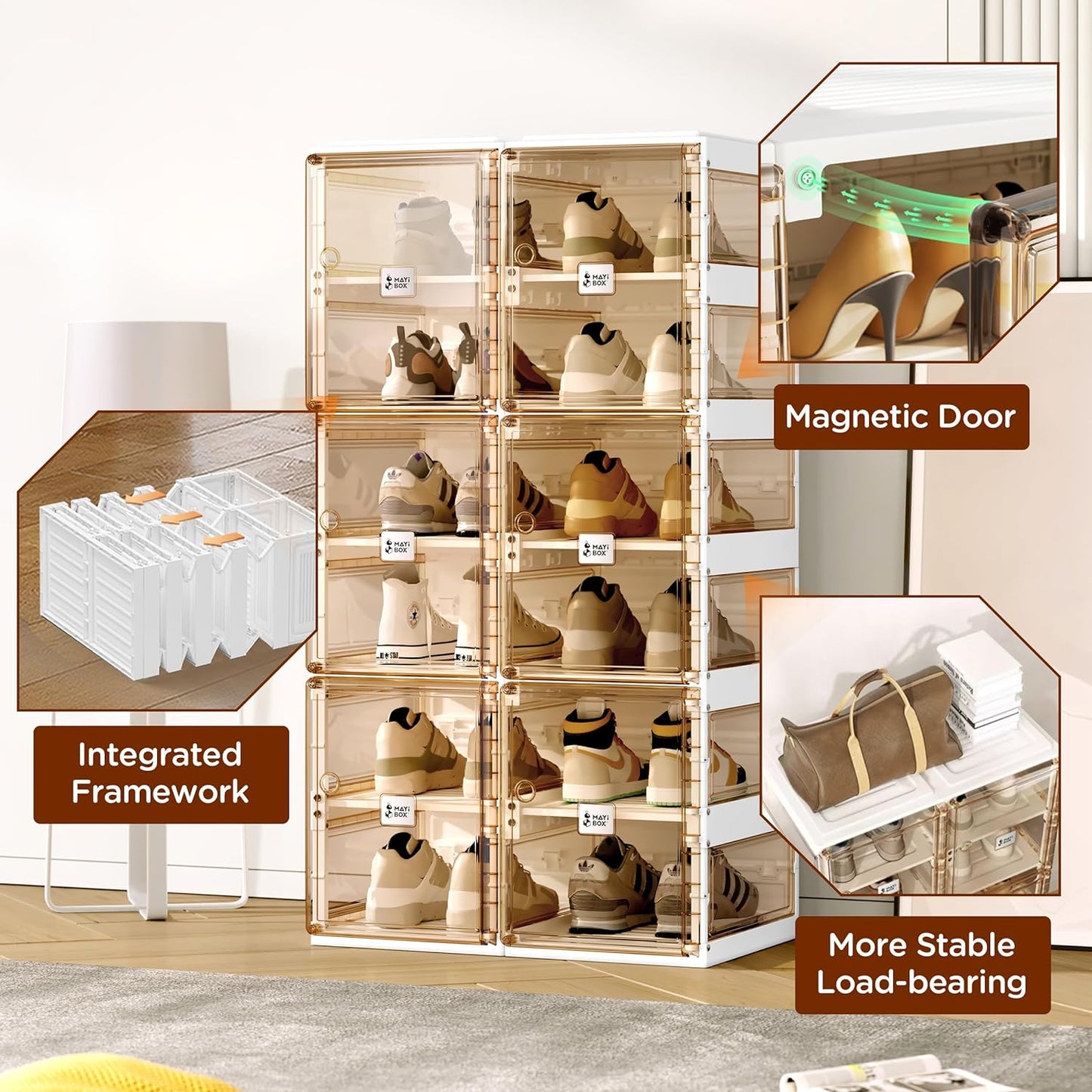ANTBOX Collapsible Shoe Boxes Clear Plastic Stackable, Quick Setup Drop Front Shoe Organizer, Display Storage Cabinet for Sneakers10 Tiers 20 Pairs
