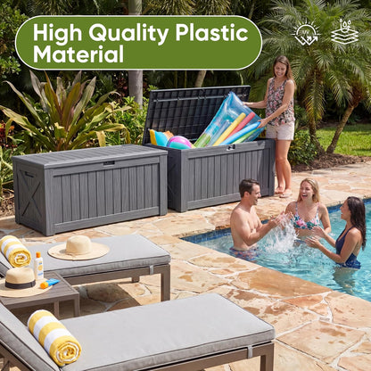 Flamaker Resin Deck Box 120 Gallon Waterproof Large Outdoor Indoor Storage Box Imitation Wood Resin for Patio Furniture Garden Tools and Pool (Black)