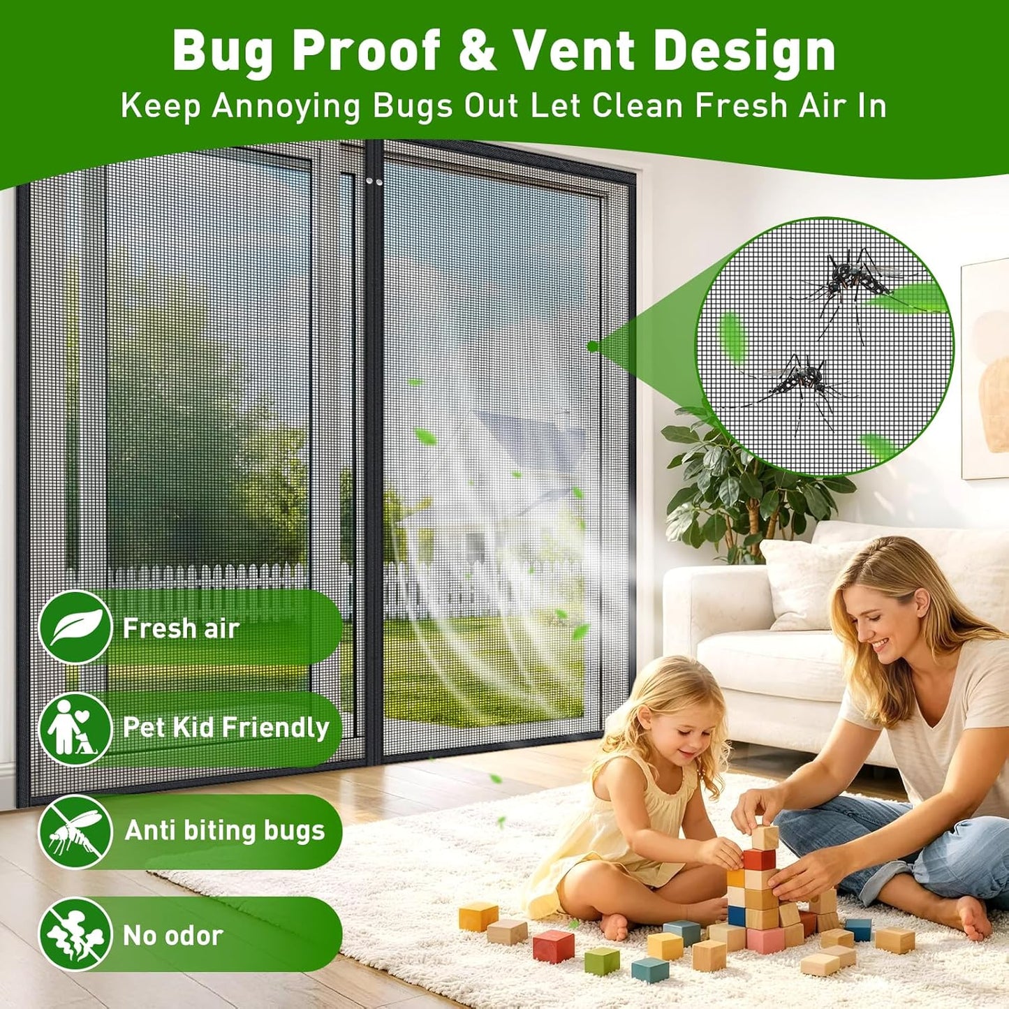 HOFUDON Upgraded Magnetic Screen Door Mesh, Full Strip Magnets, Heavy Duty Fiberglass Mesh, Door Screen Magnetic Closure for Single Door Size 32 x 80 Inch, Screen Door Size 35 x 82 Inch Black