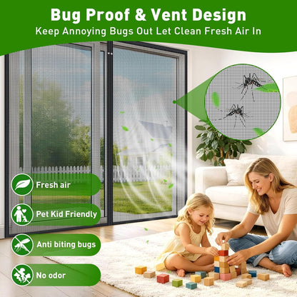 HOFUDON Upgraded Magnetic Screen Door Mesh, Full Strip Magnets, Heavy Duty Fiberglass Mesh, Door Screen Magnetic Closure for Single Door Size 32 x 80 Inch, Screen Door Size 35 x 82 Inch Black