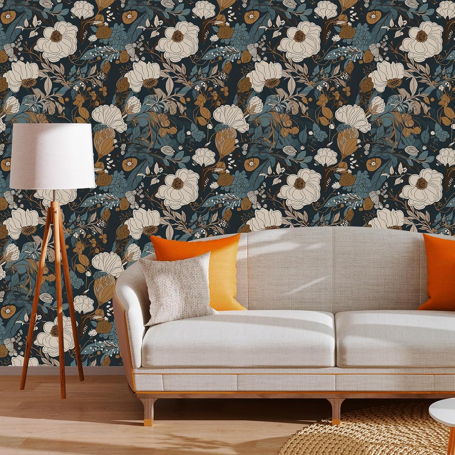 Floral Peel & Stick Wallpaper - Boho Removable Wallpaper for Bedroom & Bathroom - Black/Sand/Oliva - Easy Peel Off - Vintage - Renter Friendly - 118.1" X 17.7"
