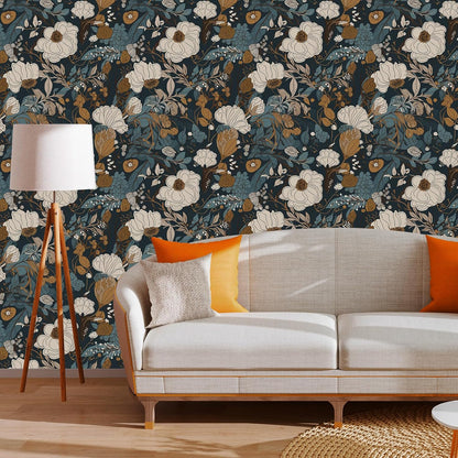 Floral Peel & Stick Wallpaper - Boho Removable Wallpaper for Bedroom & Bathroom - Black/Sand/Oliva - Easy Peel Off - Vintage - Renter Friendly - 118.1" X 17.7"