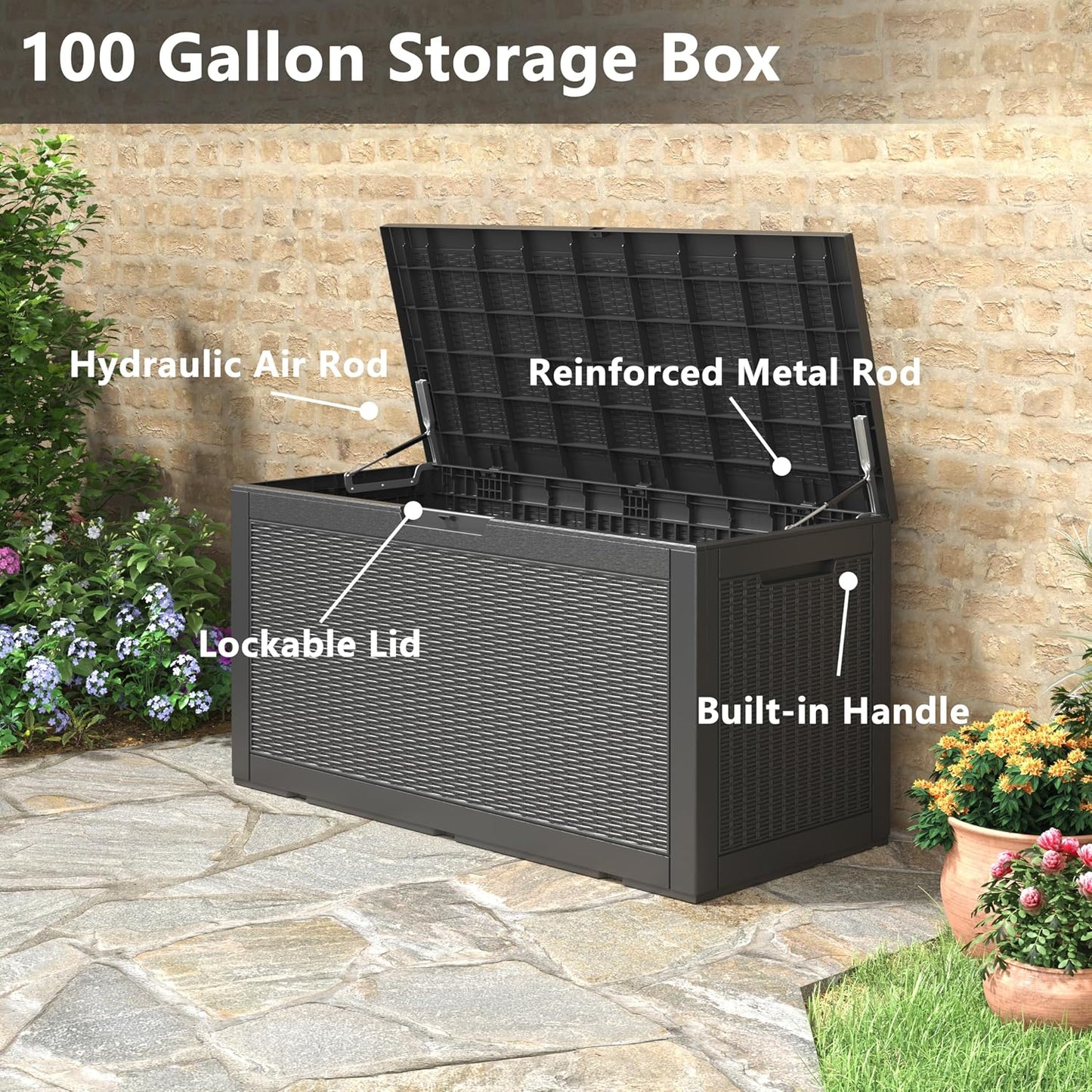 NUNU LAB Outdoor Storage Box, 45 Gallon Outside Deck Box Waterproof, Resin Outdoor Storage Cabinet With Lockable Lid, Backyard Storage Bench For Garden Tools, Patio Cushions, Pool Tools, Black