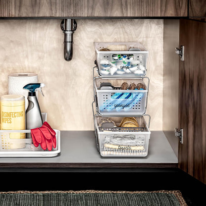 madesmart 2 Tier Organizer, Under Cabinet Storage with Pull Out Sliding Drawers, for Cleaning Supplies, Pantry, Undersink, Sponges, Bottles & Bath, Pull Out Baskets, Frost 2 PACK