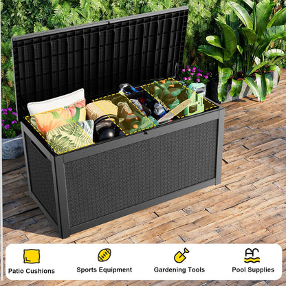 Outdoor Waterproof Resin Storage Deck Box Lockable Outside Bench UV Resistant Bin Patio Porch Furniture Pool Float Garden Tool Cushion (Black, 85 Gallon)