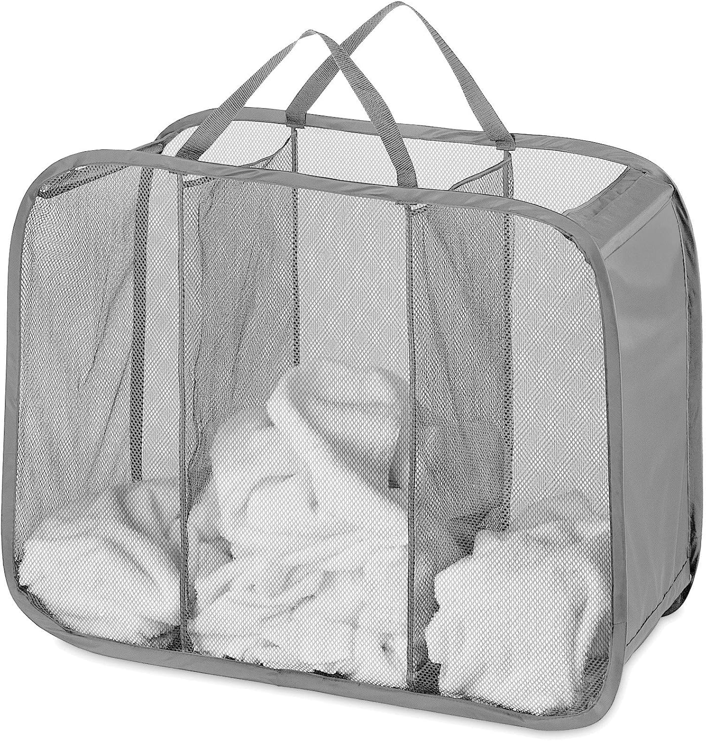 Whitmor Mesh Popup Laundry Hamper 3 Compartment Sortable Horizontal Collapsible Laundry Basket for Clothes Laundry Room Bedroom