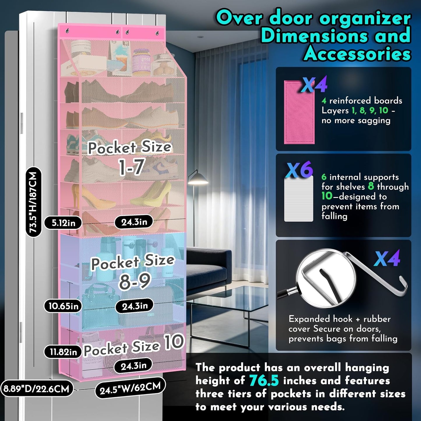 PAULONE 10-Pocket Multi-Use Over the Door Organizer, Heavy Duty 95lbs Capacity with Breathable Mesh, Versatile Hanging Storage for Shoes, Toys, Office Supplies-Classic (Black, 10-Shelf,)