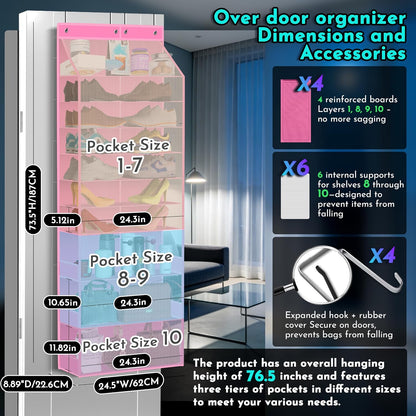 PAULONE 10-Pocket Multi-Use Over the Door Organizer, Heavy Duty 95lbs Capacity with Breathable Mesh, Versatile Hanging Storage for Shoes, Toys, Office Supplies-Classic (Black, 10-Shelf,)