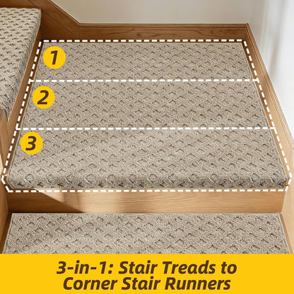 JSEI Bullnose Carpet Stair Treads, 14 Pcs Non Slip Stair Treads for Wooden Steps Indoor with TPE Backing, 11" x 30" Machine Washable Stair Runners with Edge Protection for Kids, Elders and Pets, Beige