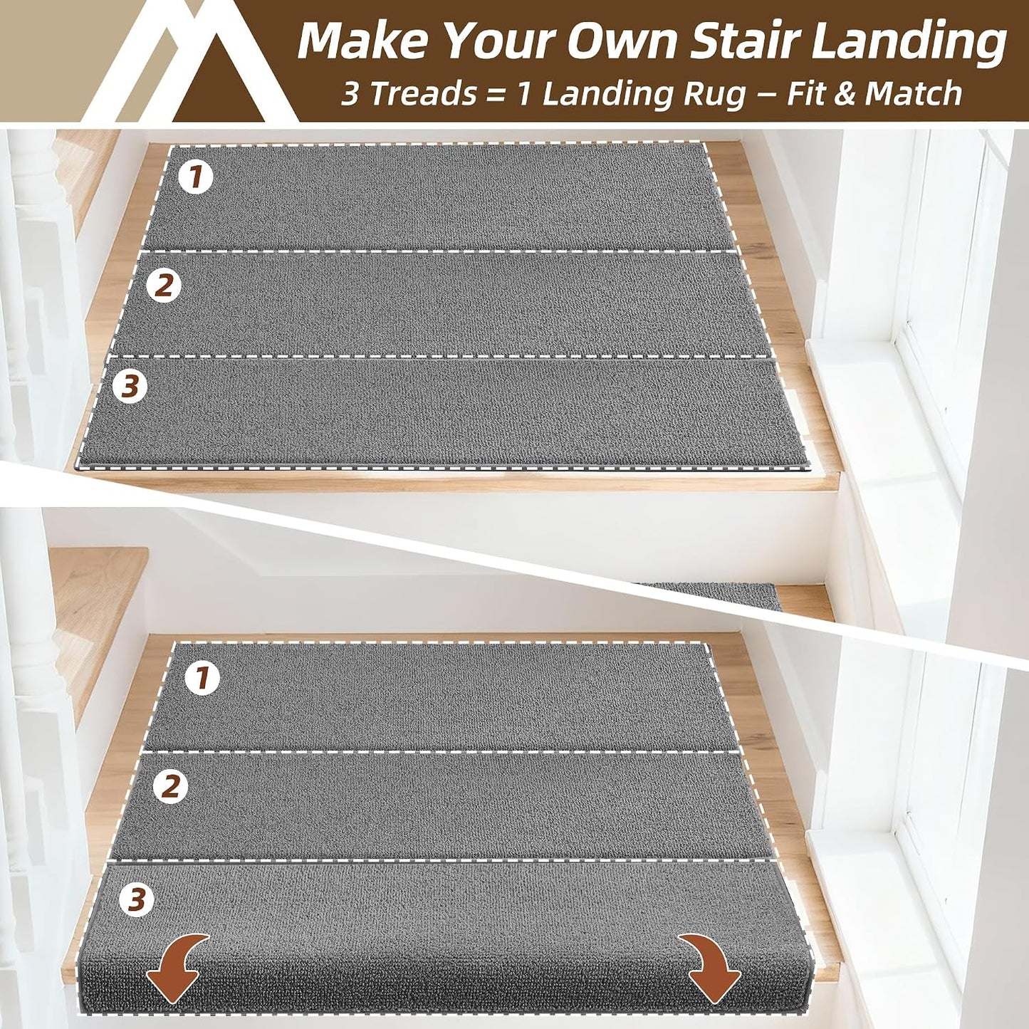 COSY HOMEER Bullnose Carpet Stair Treads, Peel and Stick Non-Slip Stair Treads for Wooden Steps, 11" x 30" Indoor Stair-Runner Rugs (4Pc, Gray)