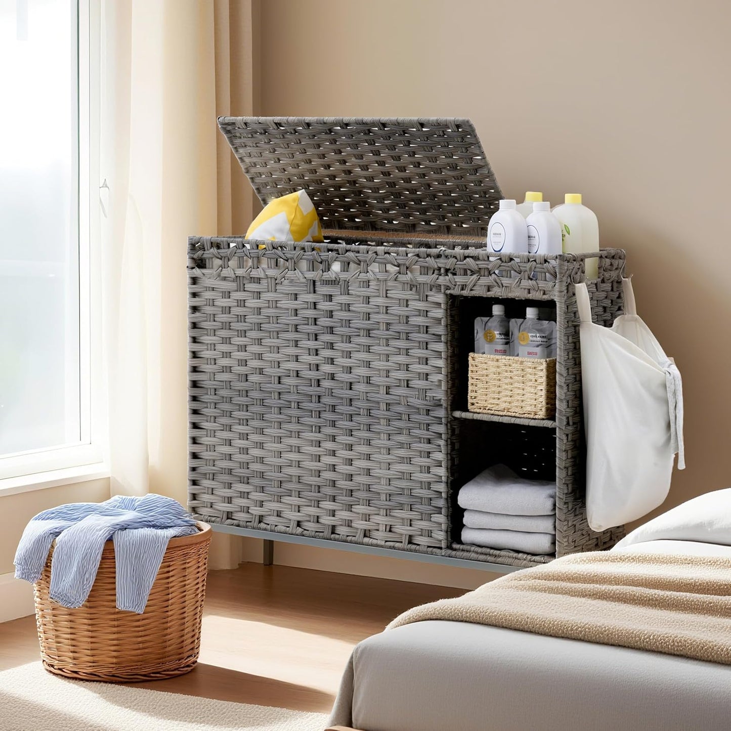 Gitelsnour Laundry Hamper with Lid, 110L (29.1 Gal) Rattan Laundry Hamper 2 Section with 50L (13.2 Gal) Storage Shelf, Wicker Woven Laundry Sorter Basket with 3 Liner Bags and Handles, Brown GLH002BR