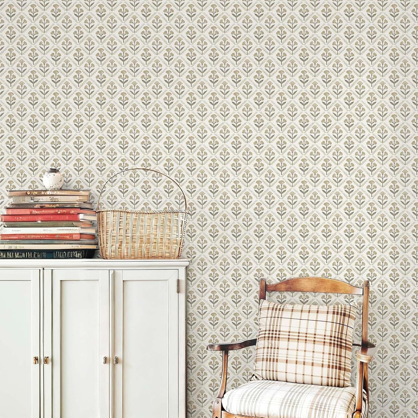 Dimoon 17.3''x78.7'' Peel and Stick Wallpaper Floral Cute Contact Paper Vintage Village Country Cottage Wallpaper Farmhouse Yellow Beige Renter Friendly Geometry Waterproof Embossed Kitchen Bedroom