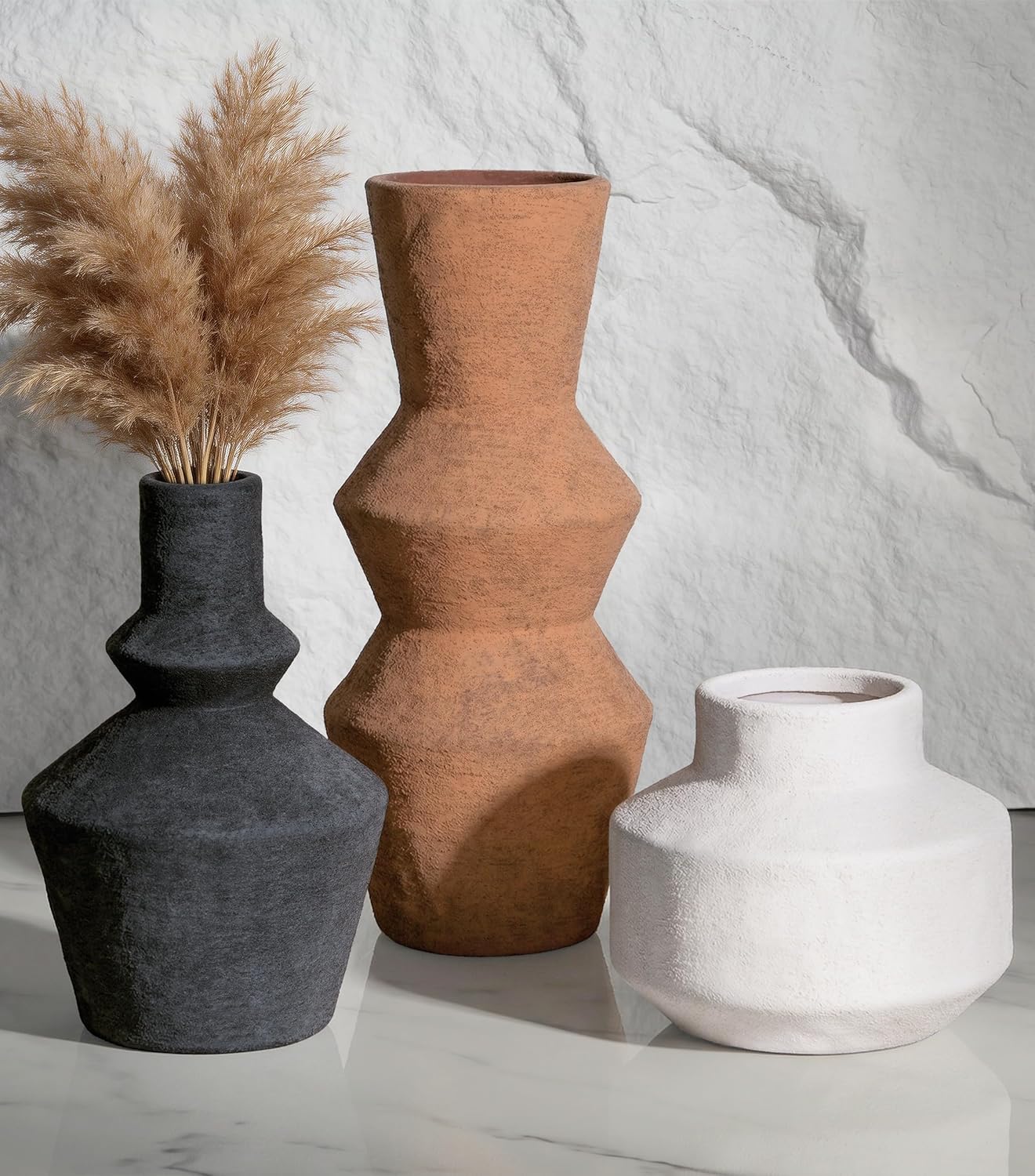 DREAMLOOM Ceramic Vase Set of 3, Modern Rustic Flower Vases for Pampas Grass, Dried & Fresh Flowers, Farmhouse Home Decor Vase for Living Room Bedroom Kitchen Shelf Centerpiece, Classic