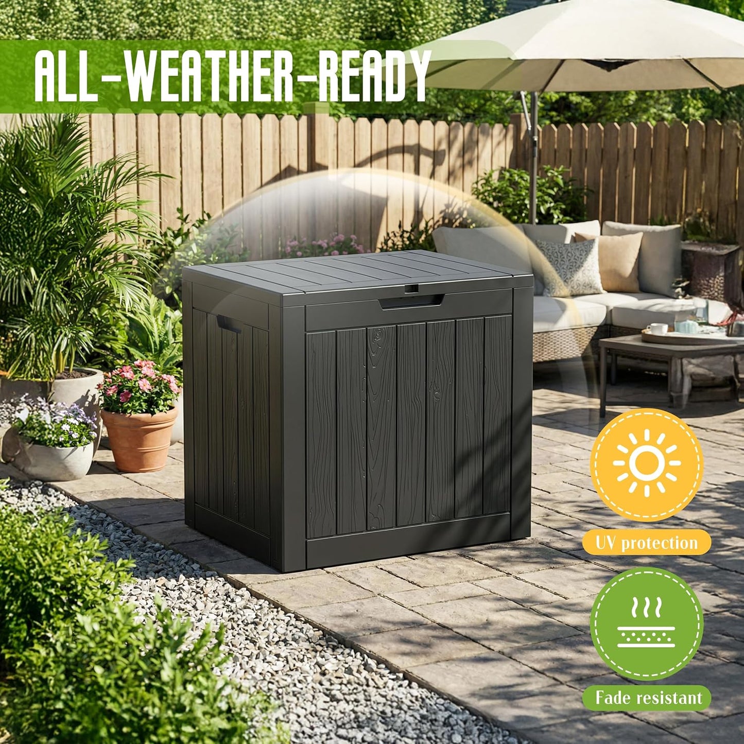DRATO 35 Gallon Outdoor Storage Box Waterproof, Resin Small Deck Box for Patio Furniture Bench, Pool Garden Tools, Weatherproof Outside Storage Bin for Backyard Porch (Black, 35 Gallon)