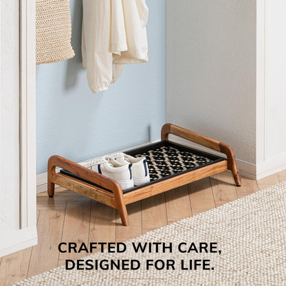 Anji Mountain Heavy Duty Waterproof Wooden Shoe Storage Mat Organizer/Boot Storage Tray Multi Use for Entryway with Coir, Tan Rectangle Embossed Insert, 1 Tier, Fits 2 Pair (26.5" Wide)
