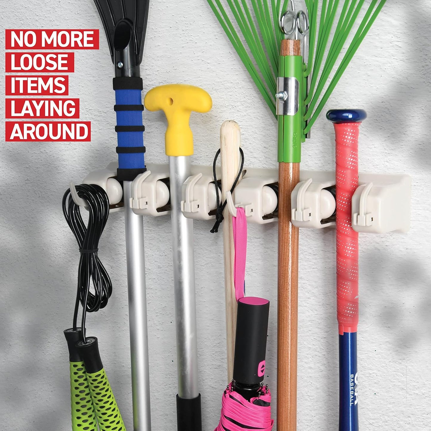 Mop and Broom Holder Wall Mount - Garage Storage Organizer with 5 Slots, 6 Hooks, 7.5lbs Capacity Per Slot - Home, Kitchen, Closet, Garden Tools, Laundry Room Organization – Black Broom Hanger