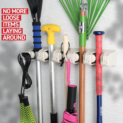 Mop and Broom Holder Wall Mount - Garage Storage Organizer with 5 Slots, 6 Hooks, 7.5lbs Capacity Per Slot - Home, Kitchen, Closet, Garden Tools, Laundry Room Organization – Black Broom Hanger